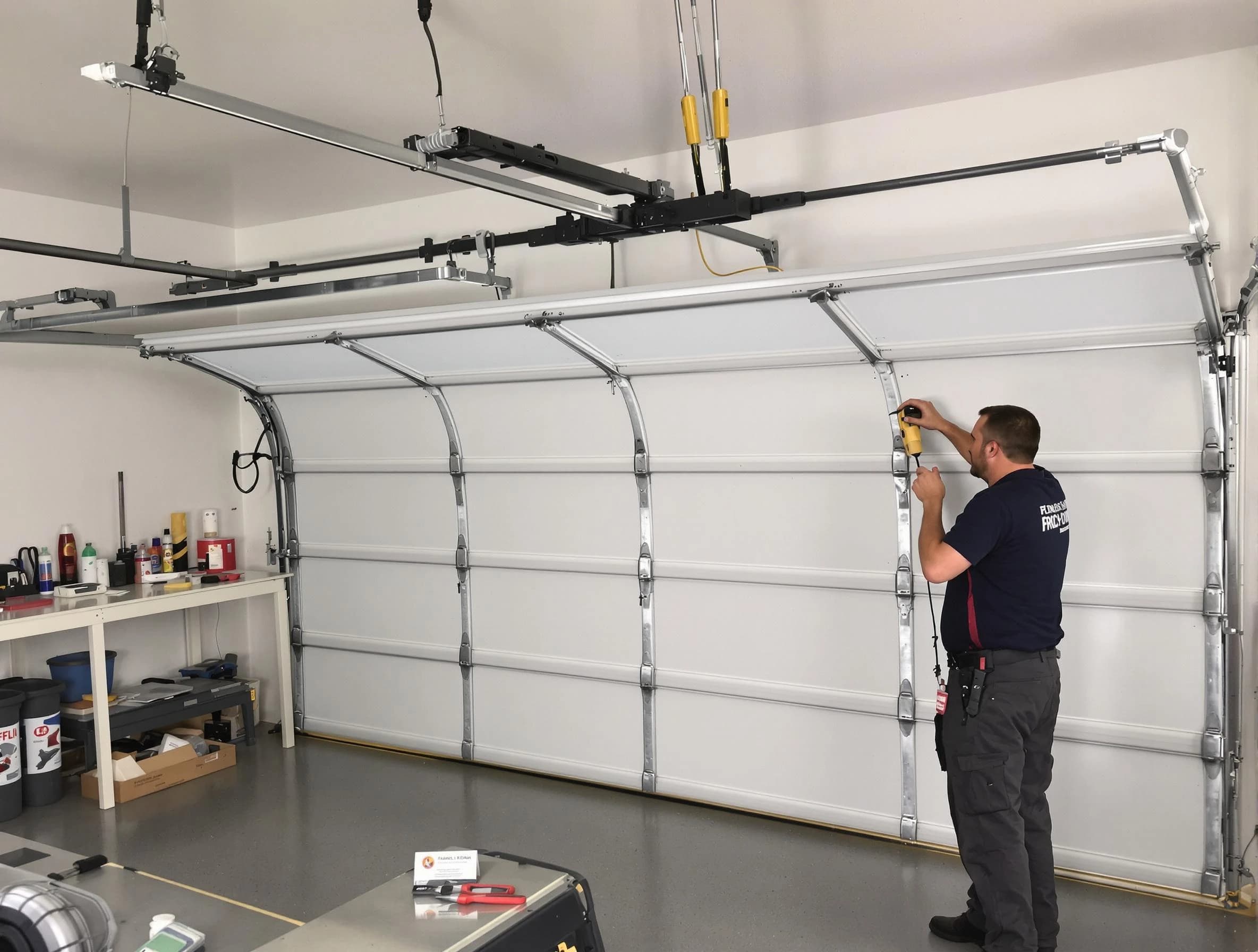 Norwood Garage Door Repair certified technician performing overhead door system repair in Norwood
