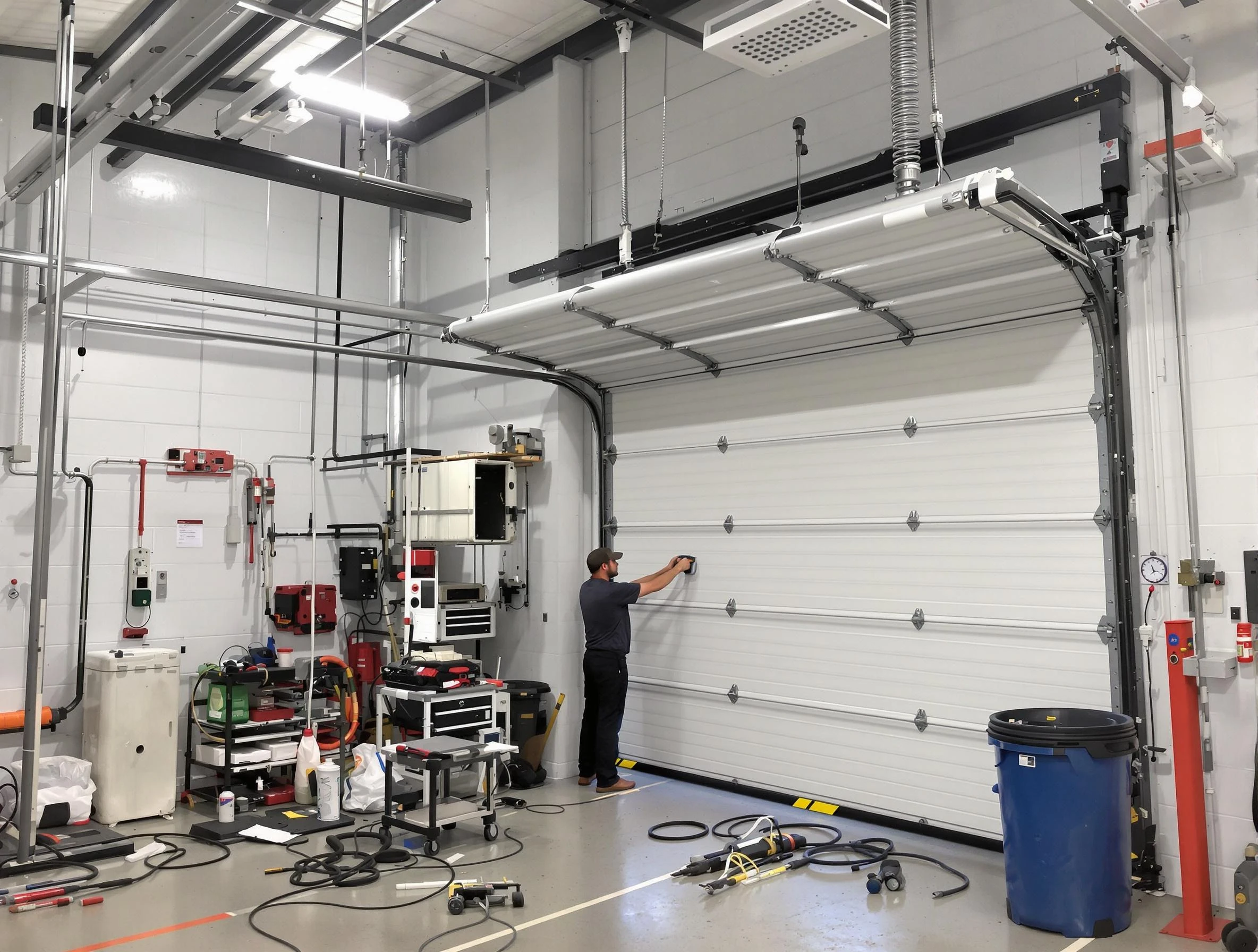 Norwood Garage Door Repair certified technician performing commercial door repair at a Norwood business facility