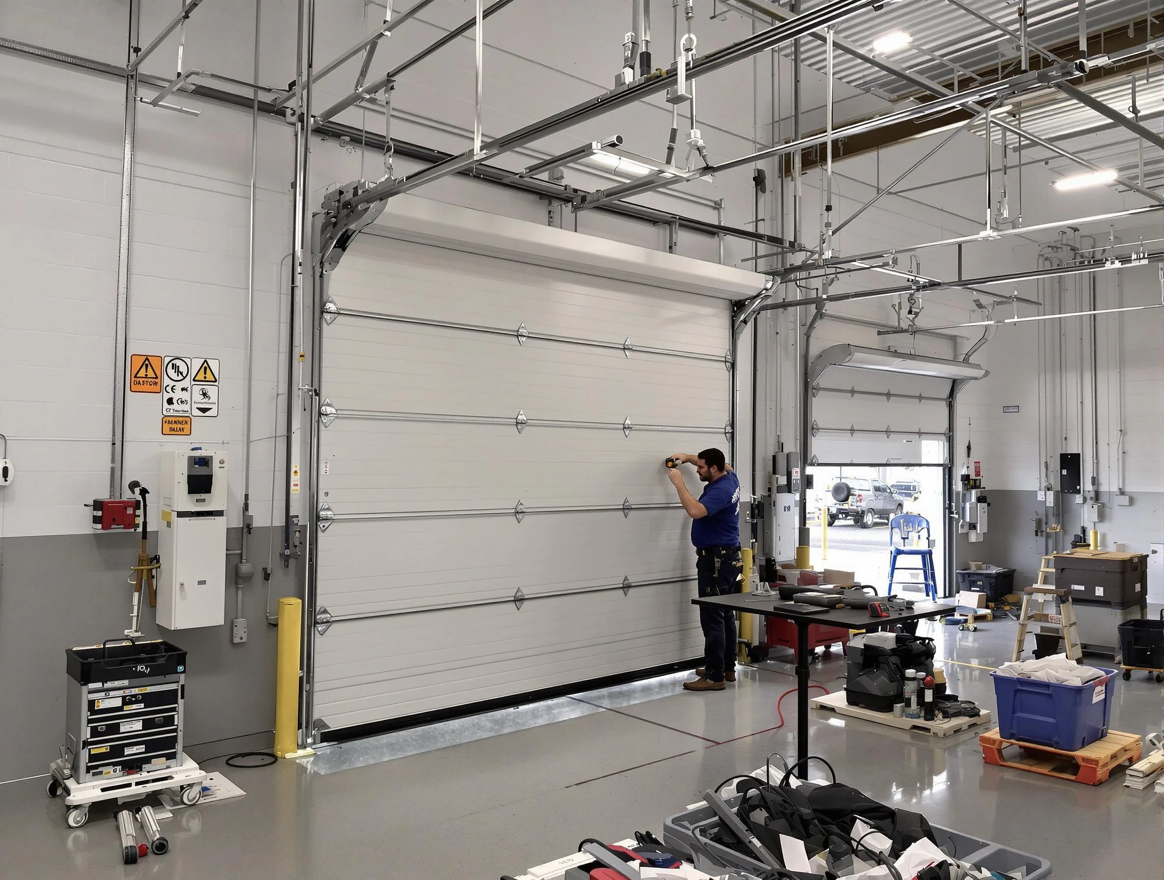 Commercial garage door repair being performed by Norwood Garage Door Repair expert in Norwood