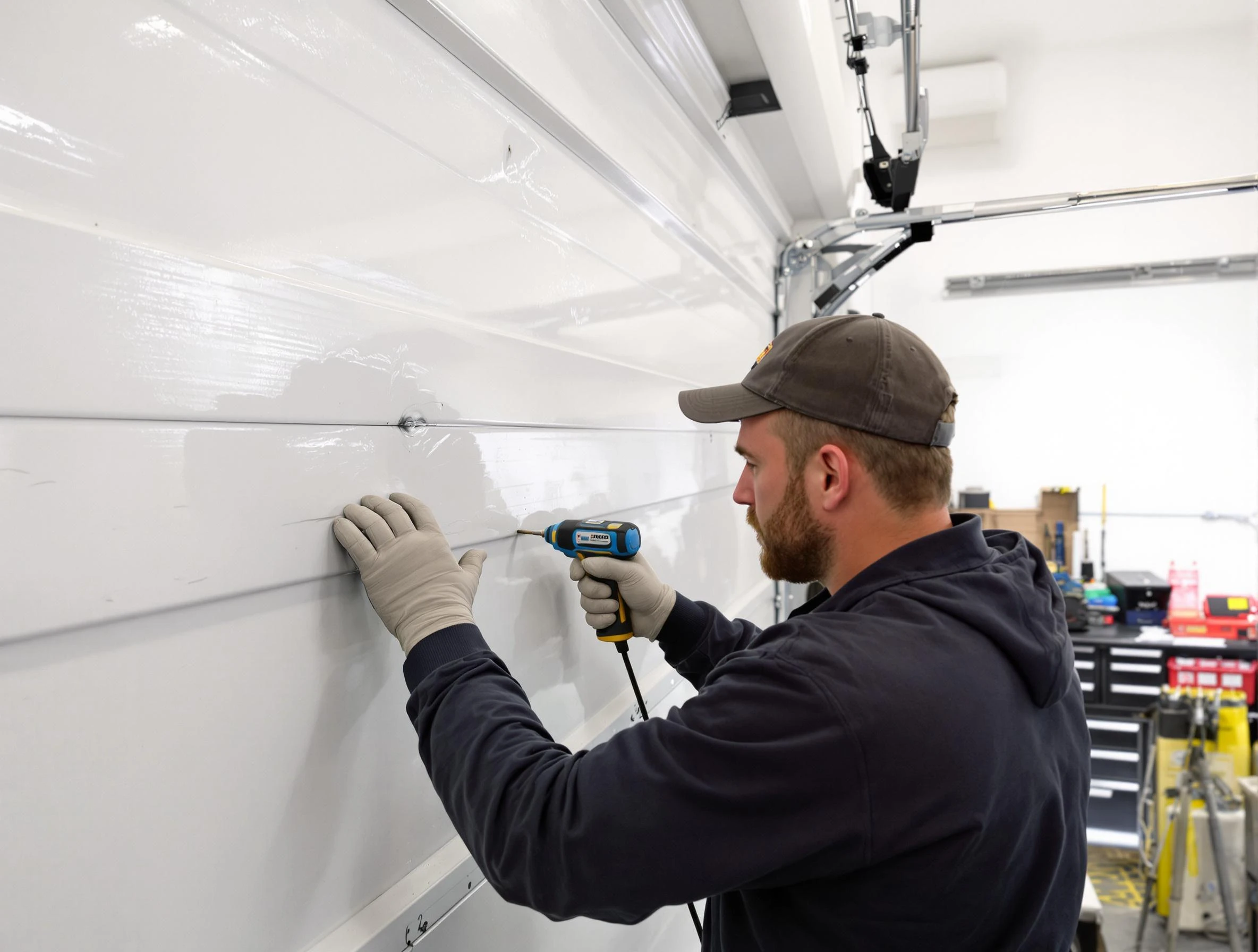 Norwood Garage Door Repair technician demonstrating precision dent removal techniques on a Norwood garage door