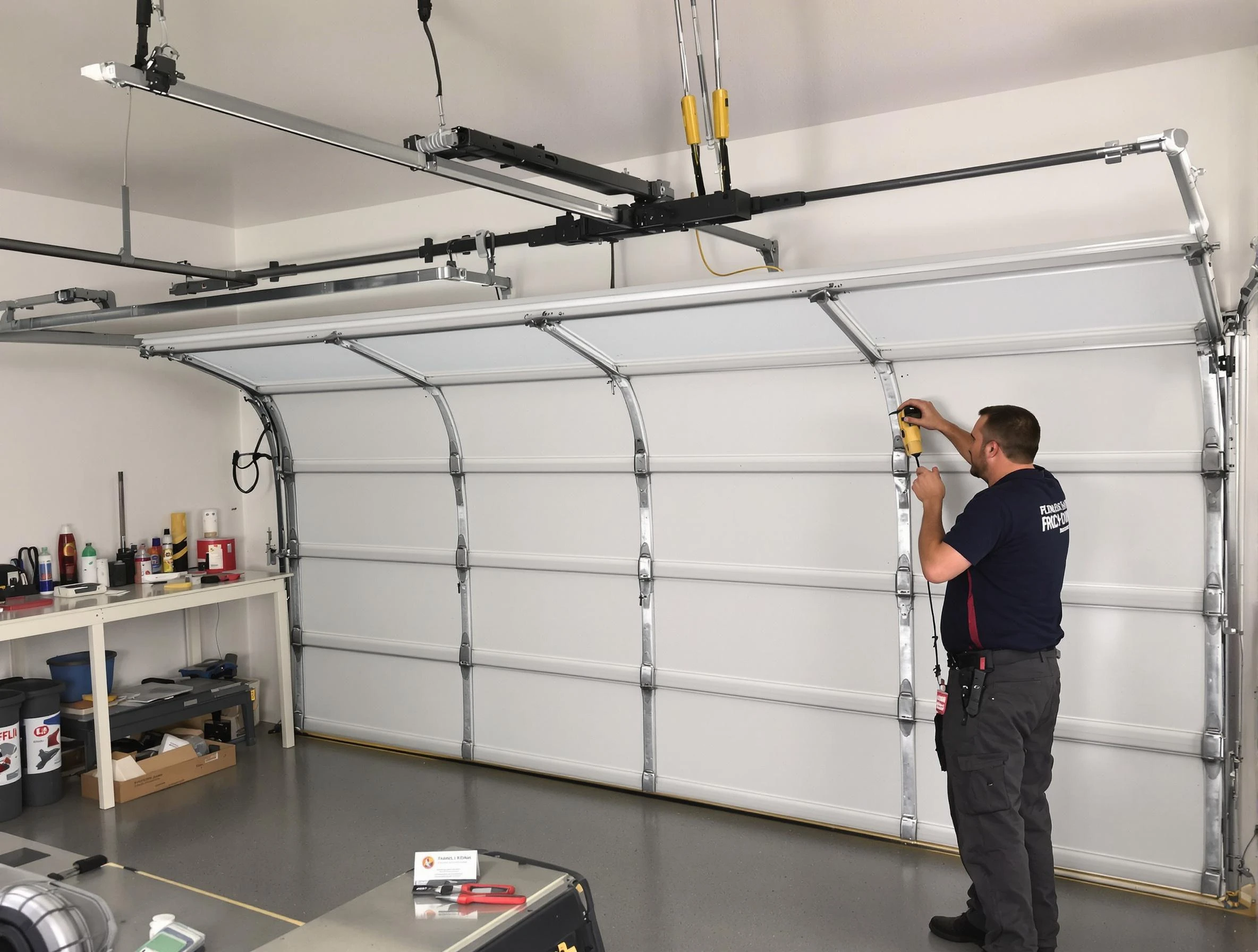 Norwood Garage Door Repair certified technician performing overhead door system repair in Norwood